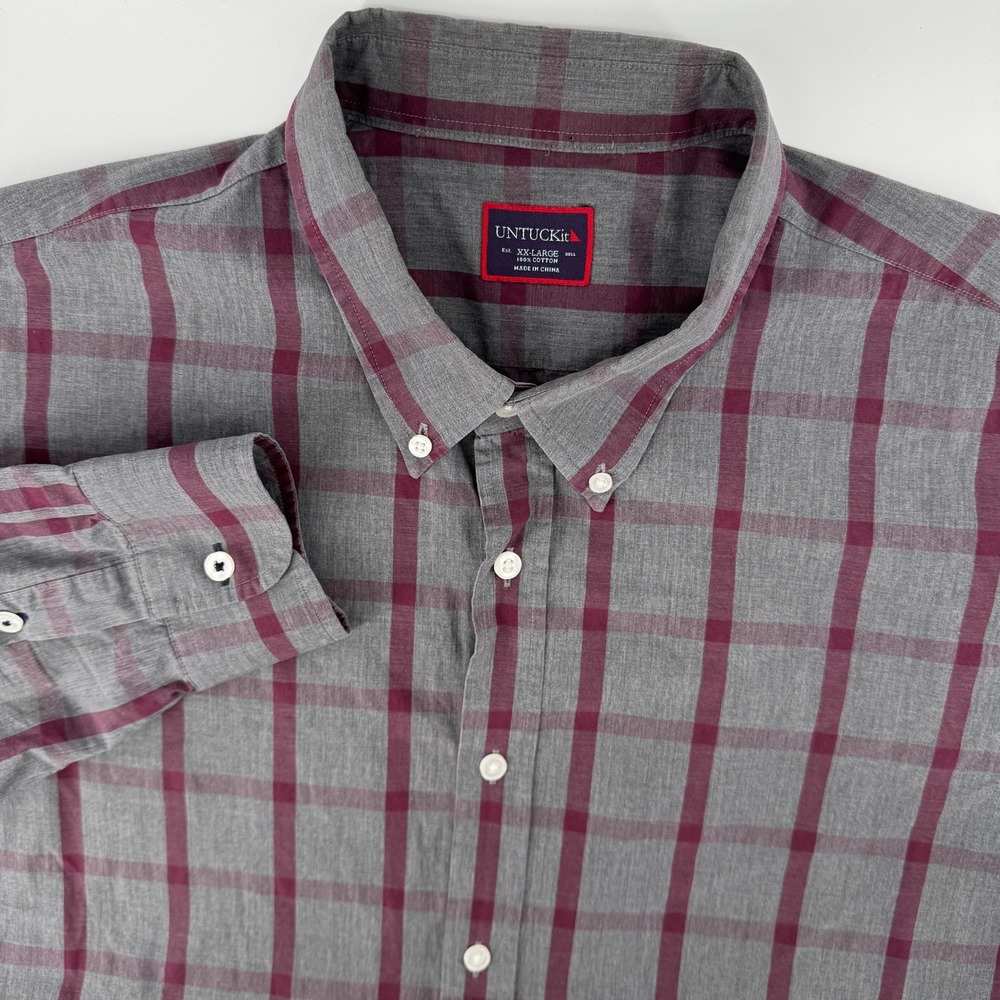UNTUCKit Button Down Shirt Mens XXL Grey Burgundy Windowpane‎ Check Long Sleeve